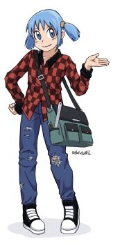 1girl bag black_shoes blue_eyes blue_hair checkered_clothes checkered_shirt converse denim hand_on_own_hip highres jeans naganohara_mio nichijou nofugo pants ruler shirt shoes short_hair short_twintails shoulder_bag simple_background smile torn_clothes torn_jeans torn_pants twintails twitter_username