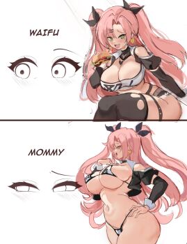 1girl animal_print arm_support bikini black_bow bow breasts burger cleavage commentary cow_print cow_print_bikini cowboy_shot earrings english_commentary food green_eyes groin hair_bow hand_on_own_chest heart heart_earrings highres holding holding_burger holding_food jewelry large_breasts light_blush long_hair looking_at_viewer meme micro_bikini narrowed_eyes navel nicole_demara open_mouth pink_hair print_bikini rakeemspoon short_shorts shorts shrug_(clothing) simple_background split_screen swimsuit tareme thick_thighs thigh_strap thighhighs thighs tsurime two_side_up very_long_hair waifu_or_mommy_(meme) white_background wrist_cuffs zenless_zone_zero