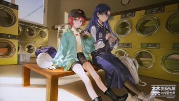 2girls alternate_costume amate_yuzuriha aqua_jacket artist_name backpack bag baseball_cap black_boots black_hat black_jacket black_shorts blue_hair blue_skirt boots bottle brown_boots brown_pantyhose commentary_request cup day disposable_cup drink drinking drinking_straw drinking_straw_in_mouth english_text gundam gundam_gquuuuuux hair_ornament hand_rest haro hat highres holding holding_bottle holding_cup holding_drink indoors jacket korean_commentary laundromat letterman_jacket long_hair long_skirt long_sleeves looking_at_viewer looking_to_the_side mandaring0 mixed-language_text multicolored_jacket multiple_girls nyaan_(gundam_gquuuuuux) on_bench open_clothes open_jacket pantyhose pencil_skirt plastic_bottle puffy_sleeves purple_hat red_eyes red_hair shirt shirt_tucked_in short_hair shorts sitting skirt twitter_username two-tone_jacket unworn_backpack unworn_bag washing_machine watermark white_bag white_jacket window yellow_eyes yellow_shirt