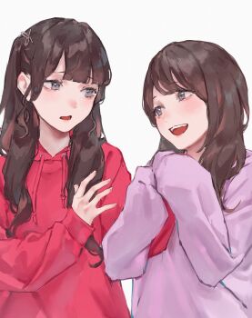 Rule 34 | 2girls, :d, animification, brown hair, commentary, eye contact, grey eyes, highres, hood, hoodie, kurusu rin, link! like! love live!, long hair, long sleeves, looking at another, love live!, miyake miu, multiple girls, open mouth, purple hoodie, real life, red hoodie, saidamoosu, seeno de! hasu no sora!, sleeves past fingers, sleeves past wrists, smile, teeth, upper body, upper teeth only, voice actor