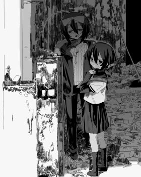 2girls ahoge bow cardigan child closed_mouth commentary concrete debris dot_mouth double-parted_bangs food food_on_face full_body fur-trimmed_hoodie fur_trim greyscale hair_between_eyes hair_bow hair_ornament hairclip half-closed_eyes hand_up hen10 highres hood hood_down hoodie layered_sleeves long_bangs long_sleeves looking_at_viewer looking_back monochrome multiple_girls neckerchief open_clothes open_hoodie open_mouth original pants pleated_skirt rebar rubble ruins sailor_collar school_uniform serafuku shoes short_hair short_hair_with_long_locks short_over_long_sleeves short_sleeves sidelocks skirt socks standing