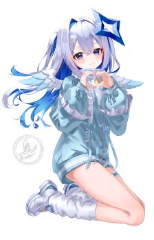 1girl amane_kanata angel_wings blue_hair blue_jacket blue_wings colored_inner_hair commentary_request feathered_wings frilled_thigh_strap full_body gradient_wings grey_hair halo heart heart_hands highres hololive jacket looking_at_viewer loose_socks mini_wings multicolored_hair multicolored_wings no_pants pink_hair purple_eyes shoes simple_background single_hair_intake smallpine_7 sneakers socks solo star_halo streaked_hair thigh_strap turtleneck turtleneck_jacket virtual_youtuber white_background white_shoes white_socks white_wings wings