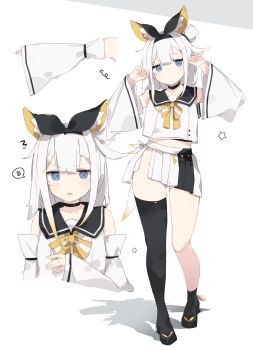 1girl absurdres angry arrow_(symbol) asymmetrical_legwear bare_shoulders black_choker black_hairband black_sailor_collar black_shoes black_skirt black_socks black_thighhighs blonde_hair blue_eyes blunt_bangs bow bowtie choker closed_mouth collarbone commentary cowlick cropped_shirt detached_sleeves dot_nose double-parted_bangs expressionless full_body gradient_hair hairband half-skirt hand_up hands_up head_tilt highres light_blush long_hair long_sleeves looking_at_viewer microskirt midriff multicolored_hair multicolored_skirt multiple_views open_mouth original personification pleated_skirt reference_sheet sailor_collar school_uniform sea_slug sea_slug_ears sea_slug_girl serafuku shirt shoes sidelocks simple_background skirt sleeveless sleeveless_shirt sleeves_past_wrists socks speech_bubble standing star_(symbol) thighhighs thighs tntl_nemui two-tone_bow two-tone_bowtie two-tone_hair two-tone_skirt uneven_legwear upper_body v-shaped_eyebrows white_background white_bow white_bowtie white_hair white_shirt white_sleeves wide_sleeves yellow_bow yellow_bowtie