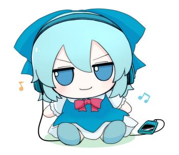 1girl azuma_meri blue_bow blue_dress blue_eyes blue_hair blue_shoes bow bowtie chibi chibi_only cirno closed_mouth collared_shirt commentary double-parted_bangs dress full_body hair_between_eyes hair_bow headphones jitome mp3_player musical_note pinafore_dress red_bow red_bowtie shirt shoes short_hair short_sleeves simple_background sitting sleeveless sleeveless_dress smile solo touhou v-shaped_eyebrows white_background white_shirt