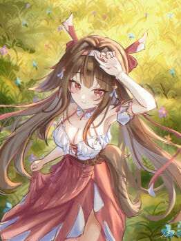 1girl absurdres animal_ear_fluff animal_ears arm_up armband armpits bare_shoulders blue_flower blush breasts brown_hair brown_tail cleavage closed_mouth collar collarbone commentary_request cross-laced_clothes cross-laced_top droopy_ears flower frilled_armband frilled_collar frilled_shirt frills from_above grass hairband hand_on_own_head high-waist_skirt highres large_breasts long_hair long_skirt looking_at_viewer multicolored_hairband official_alternate_costume orange_flower outdoors purple_flower red_eyes red_skirt shirt skirt skirt_hold smile solo tail uting very_long_hair white_armband white_hairband white_shirt ye_shunguang ye_shunguang_(touch_of_dawnlight) zenless_zone_zero