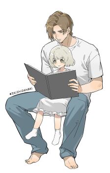 1boy 1girl barefoot bob_cut book brown_hair child commentary emily_(resident_evil) full_body grey_eyes highres holding holding_book invisible_chair leon_s._kennedy open_book reading resident_evil resident_evil_requiem shirt sitting smile spread_legs t-shirt tanpoku untranslatable_commentary white_hair white_shirt