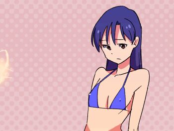 1girl alternate_breast_size_(larger) animated animated_gif bikini blue_bikini blue_hair breast_expansion breasts brown_eyes commentary_request dotted_background gigantic_breasts heart_pasties idolmaster idolmaster_(classic) kisaragi_chihaya long_hair momo_no_suidou-sui nude pasties pink_background solo swimsuit upper_body