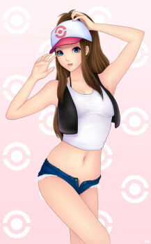 1girl aged_up arm_up armpits bare_shoulders baseball_cap bikini bikini_top_only blue_eyes breasts brown_hair cutoffs denim denim_shorts female_focus hand_on_head hat hilda_(pokemon) khalitzburg_(user_2274420) long_hair midriff navel nintendo no_panties open_fly pixiv_thumbnail pokemon pokemon_bw ponytail resized see-through_clothes short_shorts shorts simple_background solo swimsuit tank_top trainer unzipped vest