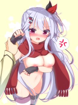 Rule 34 | 1boy, 1girl, absurdres, anger vein, angry, arm under breasts, asymmetrical legwear, black gloves, black ribbon, blush, breasts, cleavage, commentary request, convenient hair, covering breasts, covering privates, cowboy shot, drop shadow, embarrassed, eyelashes, fingerless gloves, fringe trim, gattengou, gloves, grey hair, groin, hair between eyes, hair ornament, hair ribbon, hairclip, hanasaki work spring, hand up, hetero, highres, holding another's wrist, large breasts, long hair, long scarf, looking at viewer, mismatched legwear, navel, nipple slip, nipples, nose blush, nude, one side up, open mouth, parallel hairclips, pov, pov hands, red eyes, red ribbon, red scarf, ribbon, scarf, shiranui inori, sidelocks, simple background, solo focus, speech bubble, spoken anger vein, stomach, striped clothes, striped thighhighs, thighhighs, v-shaped eyebrows, very long hair, wavy mouth, yellow background