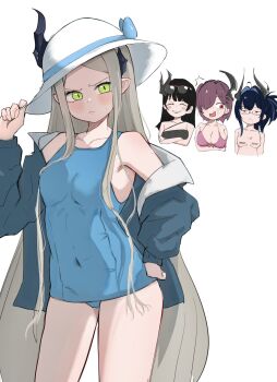 4girls absurdly_long_hair alternate_costume asymmetrical_horns bahamut_(nikke) bandaid bandaids_on_nipples behemoth_(nikke) bikini black_hair black_horns blue_one-piece_swimsuit blush breasts cain_lk commentary_request covered_navel eyewear_on_head four_beasts_(nikke) glasses goddess_of_victory:_nikke green_eyes greyscale hat highres horns jacket leviathan_(nikke) long_hair long_sidelocks monochrome multiple_girls one-piece_swimsuit open_clothes open_jacket pasties pointy_ears purple_hair red_eyes sidelocks small_breasts swimsuit thighs very_long_hair very_long_sidelocks white_background white_hat ziz_(nikke)