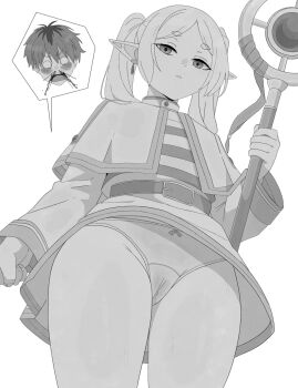 1boy 1girl belt cameltoe capelet close-up cowboy_shot earrings elf expressionless eyelashes fenqury flat_chest frieren from_below greyscale highres holding holding_staff jewelry long_hair long_pointy_ears long_sleeves looking_at_viewer looking_down monochrome nervous panties parted_lips pointy_ears shirt simple_background solo_focus sousou_no_frieren staff standing stark_(sousou_no_frieren) striped_clothes striped_shirt surprised thick_eyebrows tunic twintails underwear white_background