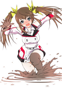 10s 1girl blue_eyes blush brown_hair fangs female_focus hair_ribbon highres huang_lingyin infinite_stratos looking_at_viewer mud onsen_tengoku ribbon school_uniform solo twintails white_background