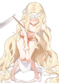 1boy absurdly_long_hair barefoot blonde_hair blush charles_(gu599) circlet closed_mouth defeat elden_ring full_body highres knees_together_feet_apart long_hair male_focus miquella_(elden_ring) nipples simple_background solo standing torn_clothes trap very_long_hair wavy_hair white_background