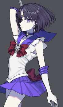 1girl arm_up back_bow bishoujo_senshi_sailor_moon black_hair bow breasts choker circlet collarbone earrings elbow_gloves gloves grey_background highres holding holding_polearm holding_weapon jewelry magical_girl medium_breasts miniskirt open_mouth pleated_skirt polearm purple_choker purple_eyes purple_sailor_collar purple_skirt red_bow sailor_collar sailor_saturn sailor_senshi_uniform shirt short_hair silence_glaive simple_background skirt sleeveless sleeveless_shirt solo tomoe_hotaru weapon white_gloves white_shirt yoshioka_suke