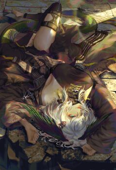 1girl absurdres arknights black_dress breasts commentary dress feathered_wings grey_hair head_wings highres ho&#039;olheyak_(arknights) ho&#039;olheyak_(ritual_of_immortality)_(arknights) large_breasts long_dress medium_hair side_slit snake_girl snake_tail solo symbol-only_commentary tail tometome1342 wings