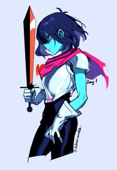 Rule 34 | 1other, armor, black unitard, blue hair, blue skin, cape, colored skin, commentary, cropped legs, deltanoodle, deltarune, english commentary, from side, grey background, heart, highres, holding, holding sword, holding weapon, kris (dark world) (deltarune), kris (deltarune), other focus, pink cape, red eyes, short hair, signature, solo, soul (deltarune), sword, utdr (toby fox), weapon