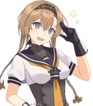 1girl black_gloves black_headband blue_eyes braid breasts brown_hair clothes_writing commentary_request gloves hachimaki hair_between_eyes hair_ornament headband ichiroku_(sakumogu-029) kantai_collection long_hair looking_at_viewer medium_breasts neckerchief open_mouth orange_neckerchief propeller_hair_ornament sailor_collar school_uniform serafuku short_sleeves signature simple_background solo star_(symbol) teruzuki_(kancolle) twin_braids upper_body white_background