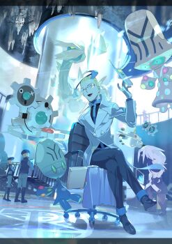 Rule 34 | 1girl, 4boys, absurdres, beheeyem, black pants, black shirt, black shoes, blonde hair, blue hair, coat, colress (pokemon), dated, e volution, elgyem, gen 4 pokemon, gen 5 pokemon, ghetsis (pokemon), highres, klinklang, kyurem, lab coat, legendary pokemon, magnezone, multicolored hair, multiple boys, nintendo, pants, pokemon, pokemon (creature), pokemon bw2, shadow triad, shirt, shoes, sitting, solo focus, team plasma, team plasma grunt, two-tone hair, white coat