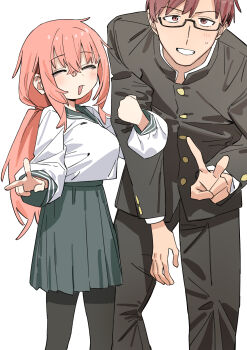 Rule 34 | 1boy, 1girl, absurdres, black jacket, black pants, black pantyhose, breasts, closed eyes, feet out of frame, gakuran, glasses, haruyuki (gffewuoutgblubh), height difference, highres, jacket, large breasts, leaning forward, long hair, long sleeves, michinoku komaro, mizunoe ume, open mouth, oppai loli, pants, pantyhose, pink hair, pleated skirt, red eyes, red hair, school uniform, seitokai ni mo ana wa aru!, semi-rimless eyewear, serafuku, simple background, skirt, small sweatdrop, smile, under-rim eyewear, v, white background
