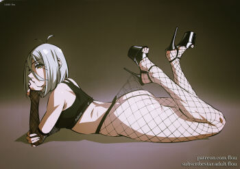 1girl antenna_hair arm_warmers ass black_shoes black_sports_bra breasts fishnet_pantyhose fishnets flou_(flou_art) from_side hand_on_own_chin head_rest high_heels hooked_on_heel lace_pantyhose_hooked_on_heel_(meme) looking_at_viewer lying meme on_stomach original pantyhose platform_heels shoes short_hair single_arm_warmer single_fishnet_armwear solo sports_bra the_pose white_hair