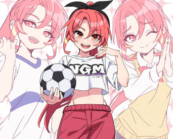 Rule 34 | 1girl, :d, ;), ball, blonde streaks, bow, bowtie, clothes writing, collared shirt, crop top, cropped shirt, dress shirt, highres, holding, holding ball, inazuma eleven (series), inazuma eleven victory road, inzm1147, long hair, long sleeves, looking at viewer, midriff, multicolored hair, multiple views, navel, one eye closed, open mouth, orange eyes, own hands together, palms together, pants, ponytail, raised inner eyebrows, red bow, red bowtie, red hair, red pants, school uniform, shinohara raika, shirt, smile, soccer ball, streaked hair, sweater vest, teeth, upper teeth only, white shirt, yellow sweater vest