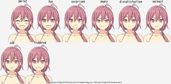 1girl :t angry antenna_hair artist_request close-up closed_eyes copyright_notice hair_between_eyes highres izumino_koyume long_hair low_side_ponytail multiple_views official_art pink_eyes pink_hair reference_sheet sad shine_post smile spaghetti_strap surprised troubled