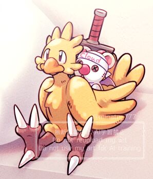 bird buster_sword character_doll chocobo cloud_strife commentary_request doll feathers final_fantasy final_fantasy_vii final_fantasy_vii:_ever_crisis headband minato_(ct_777) moogle no_humans red_nose sitting stuffed_toy talons white_headband yellow_feathers