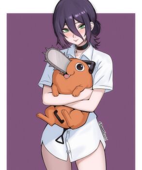 1girl absurdres black_choker chainsaw_man choker closed_mouth collared_shirt creature green_eyes grenade_pin hair_between_eyes hair_bun highres holding holding_creature looking_at_viewer mothdropcrowla pochita_(chainsaw_man) purple_hair shirt short_sleeves white_shirt