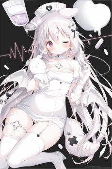 Rule 34 | 1girl, ;o, animal, animal ears, bandaged arm, bandaged ear, bandages, black background, black bow, blush, bow, breasts, cardiogram, commentary, dog, dog ears, dog girl, dog tail, dress, frilled dress, frills, garter straps, gloves, grey hair, hair between eyes, hair bow, hat, heart, high heels, highres, holding, holding syringe, intravenous drip, knees together feet apart, long hair, looking at viewer, low wings, nurse, nurse cap, one eye closed, original, panties, parted lips, puffy short sleeves, puffy sleeves, pull, red eyes, shiratama (shiratamaco), shoes, short sleeves, simple background, small breasts, solo, symbol-only commentary, syringe, tail, thighhighs, twitter username, underwear, very long hair, watermark, white dress, white gloves, white hat, white panties, white shoes, white thighhighs, white wings, wings