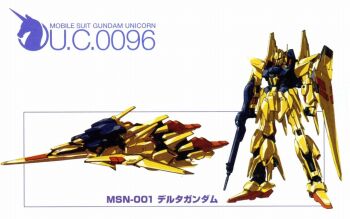 1990s_(style) alternate_form beam_rifle character_name delta_gundam energy_gun glint gundam gundam_unicorn katoki_hajime machinery mecha mecha_focus mobile_suit no_humans production_art radio_antenna retro_artstyle robot scan science_fiction shield spacecraft starfighter title traditional_media transformation unicorn weapon white_background