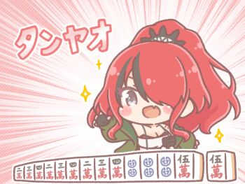 Rule 34 | 1girl, :d, black gloves, black hair, blush stickers, breasts, chibi, cleavage, commentary request, emphasis lines, fang, fingerless gloves, gloves, green jacket, hair over one eye, highres, jacket, lain paterson, lain paterson (1st costume), long sleeves, mahjong, mahjong tile, medium breasts, mitarashi neko, multicolored hair, nijisanji, open clothes, open jacket, open mouth, outstretched arm, polka dot, polka dot background, ponytail, puffy long sleeves, puffy sleeves, red hair, smile, solo, sparkle, streaked hair, translation request, upper body, v-shaped eyebrows, virtual youtuber