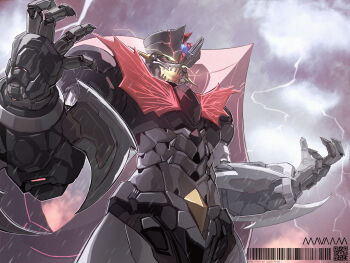 absurdres arm_blade cloud cloudy_sky einheadt glowing glowing_eyes glowing_mouth highres horns lightning mazinger_(series) mazinger_zero_(mecha) mecha mecha_focus no_humans open_hands open_mouth pilder rain robot shin_mazinger_zero sky solo super_robot weapon yellow_eyes