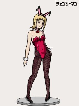 Rule 34 | animal ears, blonde hair, chainsaw man, djangoultra, fake animal ears, fishnet pantyhose, fishnets, high heels, highres, leotard, pantyhose, playboy bunny, rabbit ears, red leotard, sawatari akane (chainsaw man)
