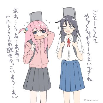 Rule 34 | 2girls, arm behind head, black eyes, black hair, black skirt, blue eyes, blue skirt, blush, bocchi the rock!, collared shirt, cowboy shot, crossover, cube hair ornament, dress shirt, embarrassed, flying sweatdrops, furrowed brow, futsuu no keion-bu, gotoh hitori, guitar case, hair between eyes, hair ornament, hand up, hatono chihiro, highres, holding strap, instrument case, instrument case on back, instrument connection, jacket, long hair, long sleeves, looking at another, masakimaru, multiple girls, neck ribbon, one side up, open mouth, pink hair, pink jacket, pleated skirt, red ribbon, ribbon, sanpaku, school uniform, shirt, shirt tucked in, short sleeves, shuka high school uniform, side ahoge, simple background, skirt, sparkle, standing, track jacket, trait connection, translated, twitter username, white background, white shirt