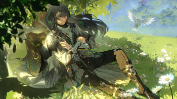 Rule 34 | 1boy, absurdres, arm armor, bamboo, black boots, black hair, black pants, boots, cloak, closed mouth, commentary, crossed arms, green ribbon, grey eyes, hair between eyes, hair ribbon, happypuppy, highres, holding, long hair, male focus, outdoors, pants, ponytail, qiuyuan (wuthering waves), ribbon, sitting, solo, white cloak, wuthering waves