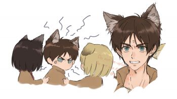 Rule 34 | 1girl, 2boys, anger vein, animal ear fluff, animal ears, armin arlert, black hair, blonde hair, brown hair, brown jacket, cat boy, cat ears, cat girl, cat tail, chibi, clenched teeth, commentary request, cropped jacket, eren yeager, furrowed brow, green eyes, hand on another's arm, highres, jacket, kemonomimi mode, mikasa ackerman, multiple boys, parted bangs, parted lips, red scarf, scarf, shingeki no kyojin, short hair, sweatdrop, szm 426, tail, teeth, twitter username, white background