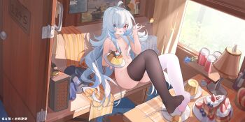 1girl absurdres artist_name asymmetrical_legwear black_thighhighs blue_eyes blue_flower blue_hair blue_rose cake cake_slice can curtains desk_lamp flower food hat heterochromia highres holding holding_spoon lamp long_hair military_vehicle mismatched_legwear motor_vehicle ningmeng_jing_jing_jing_jing nude original pudding red_eyes rose solo spoon suitcase tank thighhighs very_long_hair white_thighhighs