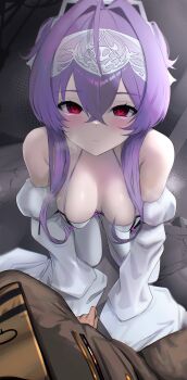 1boy 1girl absurdres all_fours blush breasts brown_pants brown_shirt cleavage closed_mouth commander_(nikke) commentary crossed_bangs detached_sleeves dress english_commentary goddess_of_victory:_nikke hair_between_eyes hair_intakes headpiece highres liberalio_(nikke) long_hair long_sleeves looking_at_viewer medium_breasts military_uniform pants pantyhose pov purple_hair red_eyes shirt sidelocks sitting sleeves_past_fingers sleeves_past_wrists solo_focus uzzy2801 white_dress white_pantyhose