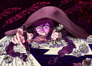 Rule 34 | 1girl, biting own lip, blood, blood from mouth, bloodshot eyes, braid, commentary request, crumpled paper, crying, crying with eyes open, danganronpa: trigger happy havoc, danganronpa (series), eyelashes, fingernails, foreshortening, fukawa toko, glint, hair between eyes, heart, heart-shaped pupils, holding, holding paper, holding pen, lined paper, long hair, long sleeves, mole, mole under mouth, nib pen (object), nosebleed, paper, pen, pillow, pink blood, purple hair, solo, symbol-shaped pupils, tears, translation request, twin braids, twintails, under covers, writing, zonbin