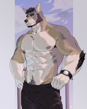 1boy abs absurdres akunaakun_(kunkun586586) animal_ears artist_name bara beard bird black_pants chinese_commentary cloud commentary_request coyote_boy dated echo_project facial_hair furry furry_male highres male_focus muscular muscular_male navel nipples pants pectorals scar scar_on_face scar_on_mouth the_smoke_room topless_male watch whiskers william_adler_(the_smoke_room) wolf_ears wristwatch