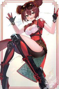 1girl :d black_boots black_skirt boots breasts brown_hair china_dress chinese_clothes cleavage cleavage_cutout clothing_cutout commentary double-parted_bangs double_bun dress earrings english_commentary eyewear_on_head flower framed_breasts full_body gold_necklace hair_between_eyes hair_bun hair_flower hair_ornament hands_up harness highres hololive jewelry looking_at_viewer mandarin_collar maro2ki3 mechanical_hands mechanical_legs medium_breasts miniskirt necklace official_alternate_costume official_alternate_hairstyle open_mouth platform_boots pleated_skirt quilted_clothes red_dress roboco-san roboco-san_(oriental-style_battle) short_hair short_sleeves side_slit single_earring skirt skirt_under_dress smile solo sunglasses v virtual_youtuber yellow_eyes