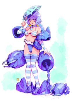 1girl armor artist_name belt bikini black_shoes blue_bikini blue_bridal_gauntlets blue_choker blue_eyes blue_hair blue_thighhighs breasts bridal_gauntlets cannon chain choker cleavage commentary_request earrings full_body green_helmet gundam hand_on_headwear hand_up helmet highleg highleg_bikini highres humanization jewelry kotobuki_tsukasa looking_at_viewer mecha_musume medium_breasts mismatched_bikini mobile_suit_gundam open_mouth shoes short_hair sketch smile solo standing striped_bikini striped_bridal_gauntlets striped_clothes striped_thighhighs swimsuit thigh_strap thighhighs white_belt z'gok