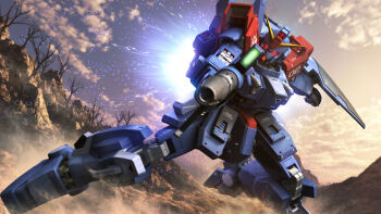 3d aiming aiming_at_viewer bare_tree beam_rifle blue_destiny_02 cloud commentary_request dusk dust_cloud dutch_angle earth_federation energy_gun english_text flying glowing glowing_eyes gundam gundam_side_story:_the_blue_destiny highres machinery mecha mecha_focus mobile_suit mountainous_horizon no_humans realistic red_eyes robot roundel s.hasegawa science_fiction shield signature thrusters tree v-fin weapon