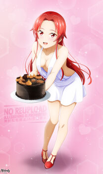 Rule 34 | 1girl, :d, absurdres, alternate costume, apiz 141, artist name, backless dress, backless outfit, birthday cake, boots, breasts, cake, collarbone, commentary, dress, english commentary, eyelashes, food, forehead, heart, high heels, highres, holding, holding cake, holding food, leaning forward, long hair, long sidelocks, looking at viewer, medium breasts, mixed-language commentary, no bra, open mouth, plunging neckline, purple background, red boots, red eyes, red hair, short dress, sidelocks, sleeveless, sleeveless dress, smile, solo, sword art online, sword art online: alicization, teeth, tiese schtrinen, tongue, upper teeth only, watermark, white dress