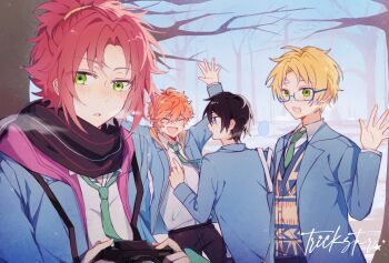 4boys akehoshi_subaru arms_up bag bare_tree black_scarf blue-framed_eyewear blue_eyes blue_jacket blush camera closed_eyes commentary ensemble_stars! glasses green_eyes green_necktie hand_up hidaka_hokuto highres holding holding_camera isara_mao jacket long_sleeves looking_at_viewer male_focus multiple_boys necktie open_mouth outdoors scarf school_uniform semi-rimless_eyewear shoulder_bag symbol-only_commentary tree trickstar_(ensemble_stars!) yixiao70559777 yumenosaki_school_uniform yuuki_makoto_(ensemble_stars!)