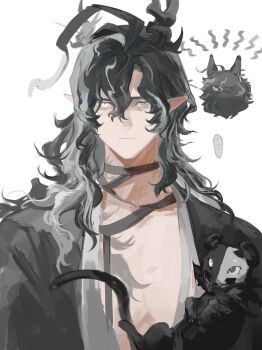 Rule 34 | 1boy, absurdres, animalization, arknights, bandaged neck, bandages, black bandages, black cat, black hair, cat, chest tattoo, closed mouth, commentary request, dragon boy, dragon horns, eastern dragon horns, expressionless, grey eyes, grey hair, heterochromia, highres, horns, long hair, looking at viewer, male focus, mask, multicolored hair, pointy ears, simple background, solo, streaked hair, tattoo, upper body, wang (arknights), white background, yellow eyes, yomotobi