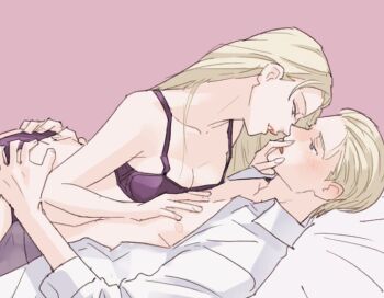 alexia_ashford alfred_ashford almost_kiss blonde_hair blue_eyes blush bra girl_on_top hand_on_ass incest long_hair looking_at_another mmyaaym open_clothes open_shirt purple_bra purple_underwear resident_evil resident_evil_-_code:_veronica shirt short_hair siblings twincest twins underwear bed_sheet white_shirt