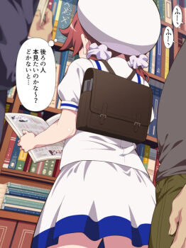 1girl 2boys backpack bag book bookshelf bookstore check_translation child from_behind gochuumon_wa_usagi_desu_ka? hair_ornament hair_over_shoulder hair_scrunchie hemonemo holding holding_book kafuu_chino's_school_uniform low_twintails multiple_boys natsu_megumi partially_translated reading red_hair sailor_collar school_uniform scrunchie shirt shop short_sleeves skirt translation_request twintails white_sailor_collar white_scrunchie white_shirt white_skirt