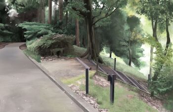 bush commentary_request day forest grass harusa1107 hedge hill nature no_humans original outdoors painting_(medium) path realistic road rope_fence scenery traditional_media tree tree_shade