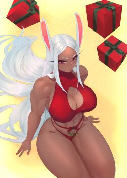 1girl abs animal_ears artist_name bare_arms bare_shoulders bikini boku_no_hero_academia bow breasts christmas cleavage_cutout clothing_cutout dark-skinned_female dark_skin feet_out_of_frame gabriel_carrasquillo gift highres large_breasts long_eyelashes long_hair looking_at_viewer mirko mistletoe muscular muscular_female nail_polish navel parted_bangs rabbit_ears rabbit_girl red_bikini red_bow red_eyes red_nails sitting solo swimsuit tankini thick_thighs thighs very_long_hair white_hair yellow_background